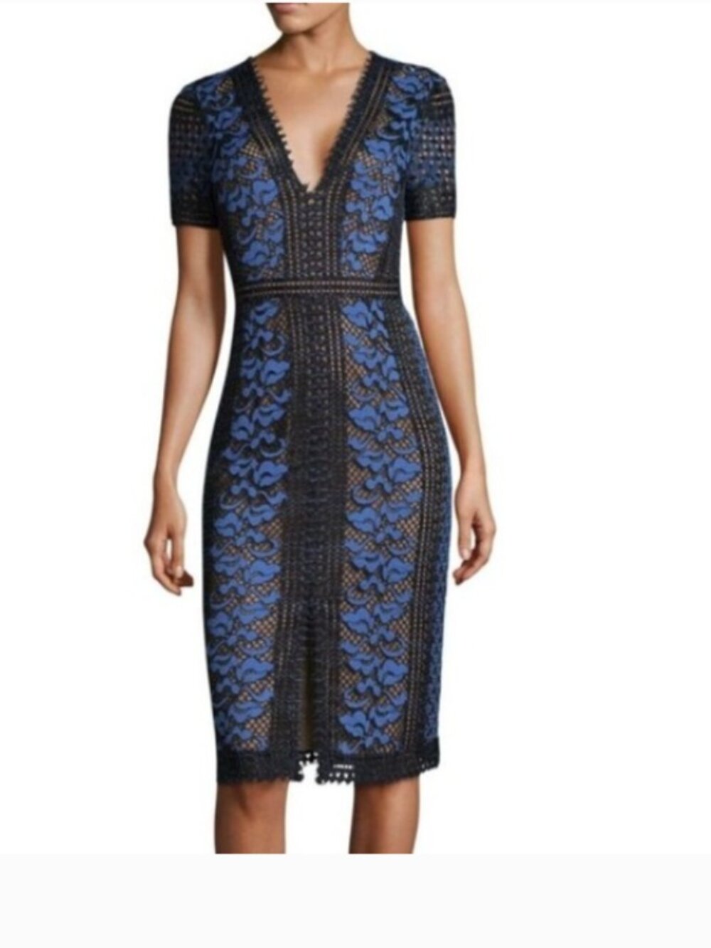 BCBG Max Azria - Black & Blue Lace Short Sleeve Midi Dress Sz 4